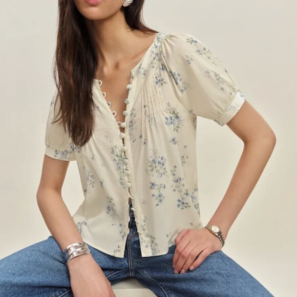 Reformation Tops - Reformation Calia Top Truly Blue Ivory White Floral French Blouse Causal